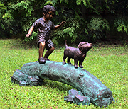 Boy Following Dog Across Log
